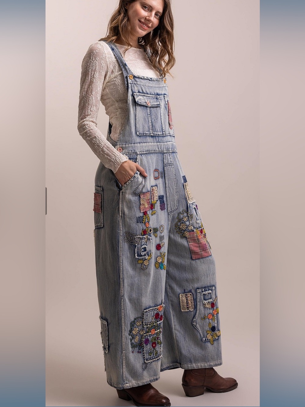 Wash Denim Patchwork Women's Wide-Leg Jeans Overalls - Picture 2 of 13